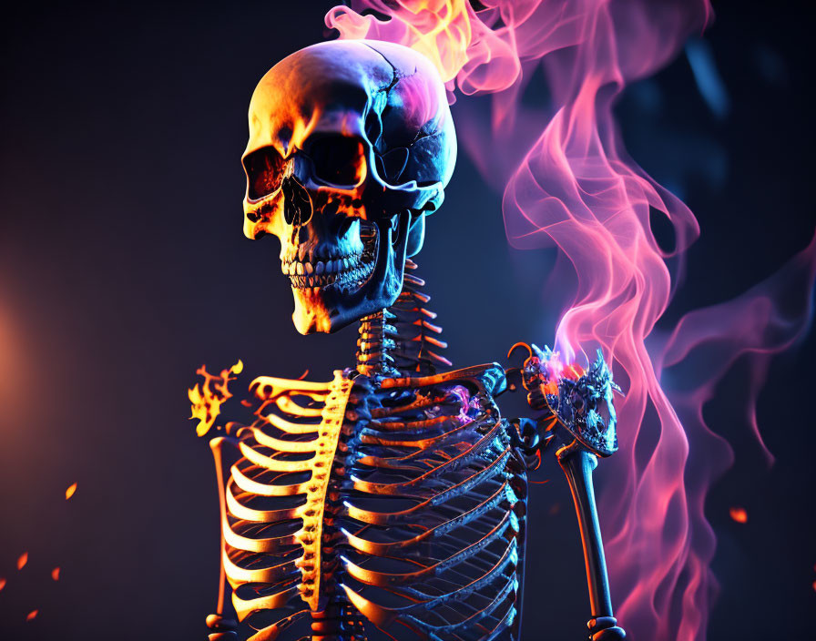 Glowing human skeleton surrounded by blue and orange flames