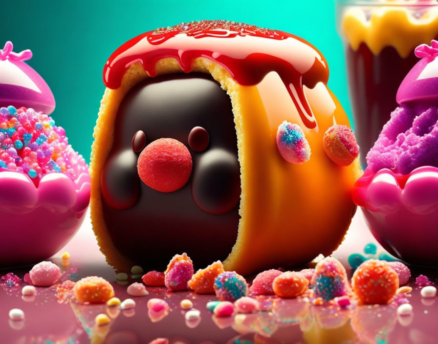 Cartoonish pudding with cute face in vibrant dessert scene