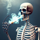 Human skeleton smoking cigarette with smoke, digital illustration.