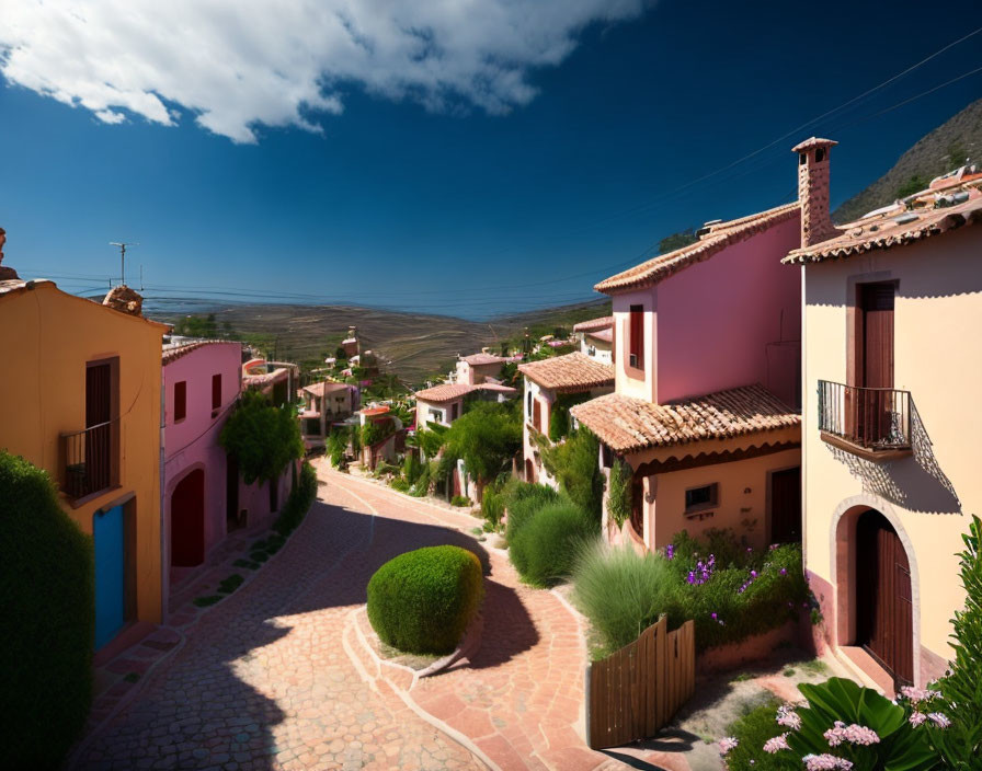 Colorful Houses on Hilly Street with Terracotta Roofs