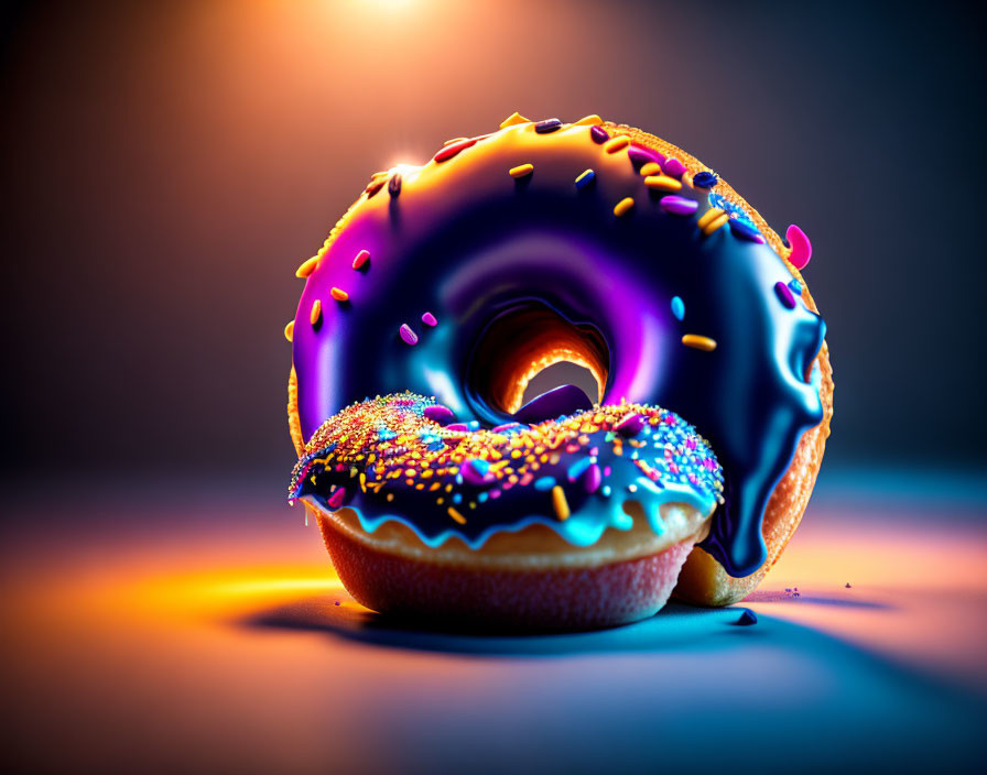 Colorful Doughnuts Stacked with Icing and Sprinkles in Vibrant Lighting