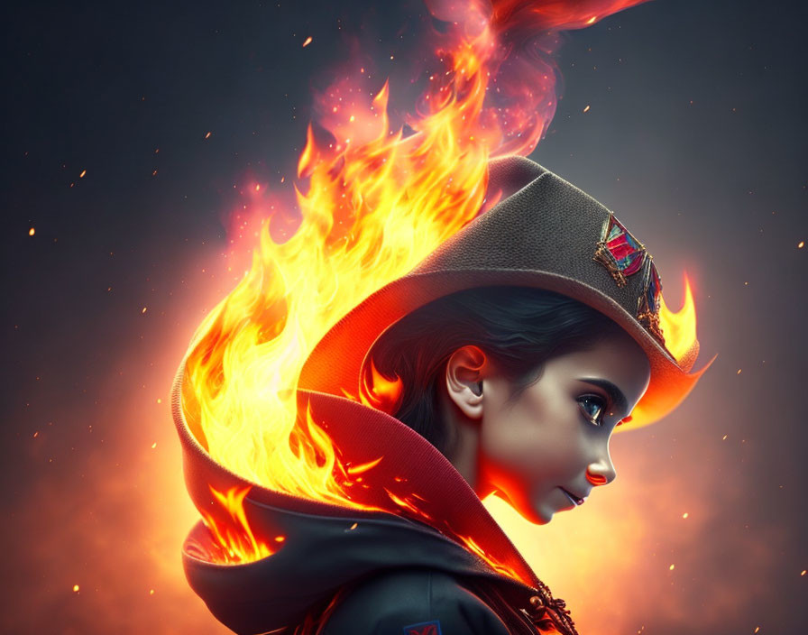 Digital artwork of woman with fiery hair in brown hat and red cloak on dark background