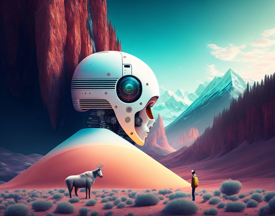 Surreal landscape featuring giant robot head, person, moose, sand dunes, mountains,