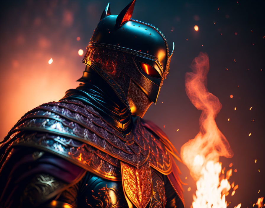 Detailed Knight Armor with Bat Motif in Dramatic Pose Amid Embers and Smoke