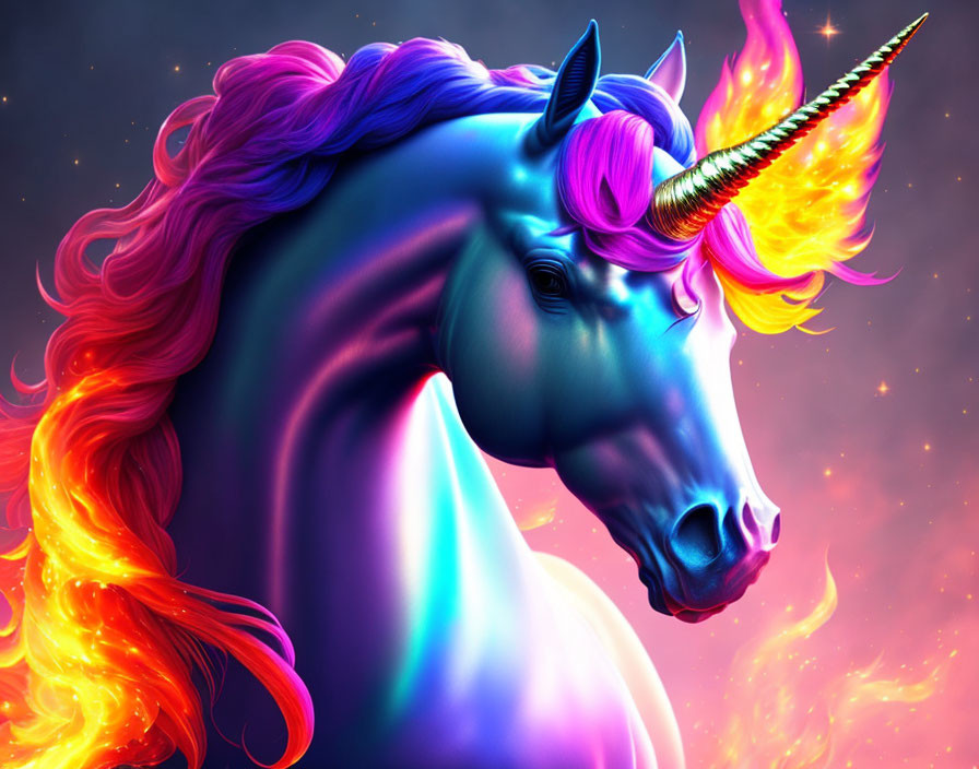 Colorful unicorn digital art with rainbow mane and glowing horn against cosmic background