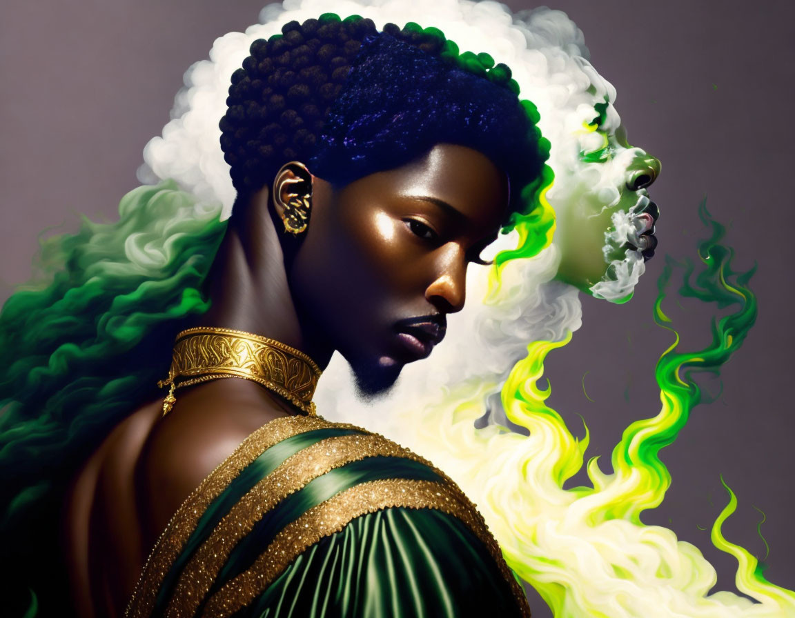 Person with Dark Skin and Afro Transforming into White Cloud with Golden Jewelry and Green Clothing in Illustration