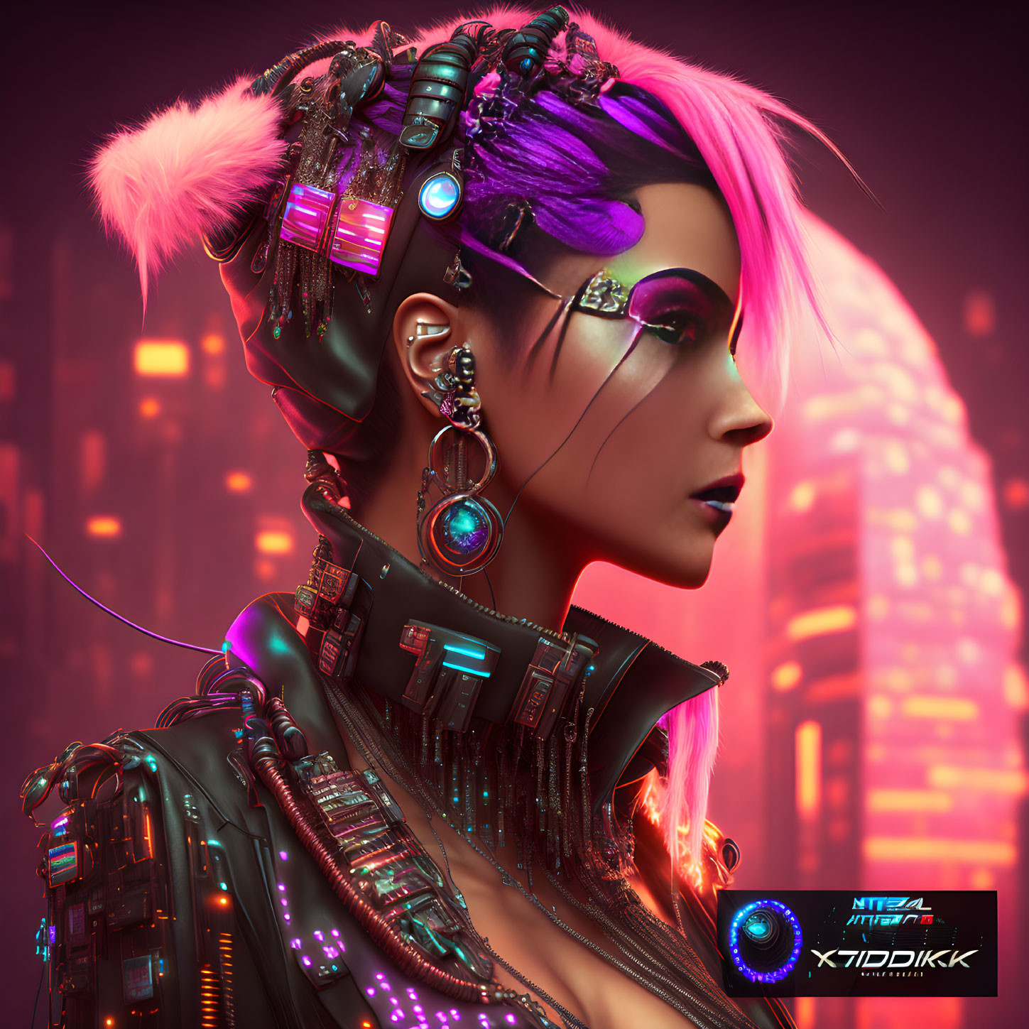 Futuristic cyberpunk woman with neon pink hair and high-tech accessories in neon-lit city