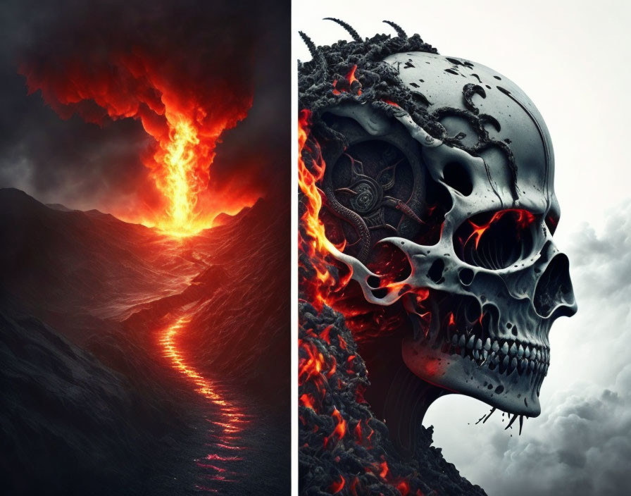 Composite Image: Volcanic Eruption and Mechanical Skull on Cloudy Background