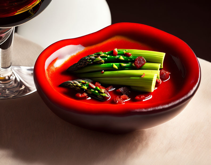 Luxurious asparagus and chives gourmet dish on heart-shaped plate with wine.