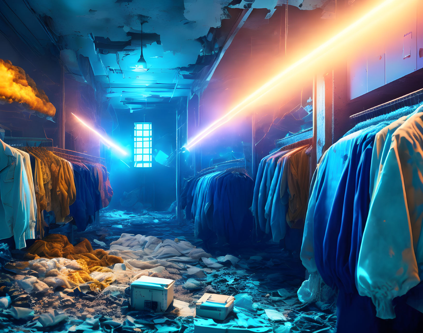 Abandoned laundry room with scattered clothes and eerie atmosphere