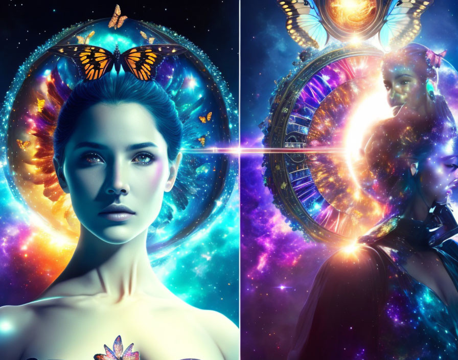 Split Digital Artwork Contrasting Two Women with Cosmic Backgrounds