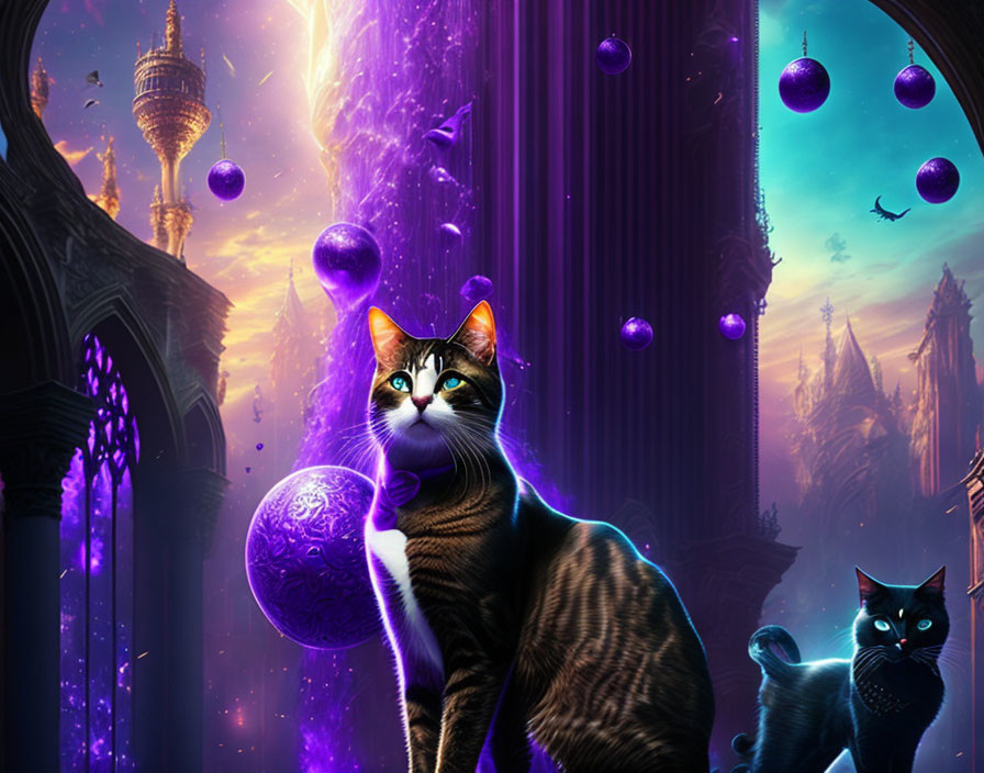 Fantasy scene: Cat with red headband, purple orbs, spires & archways