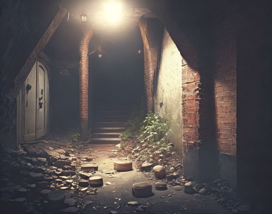 Eerie alleyway with exposed brick walls and staircase