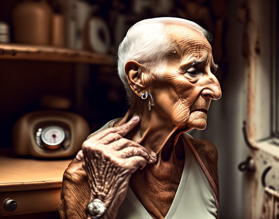 Elderly woman with prominent cheekbones in vintage room