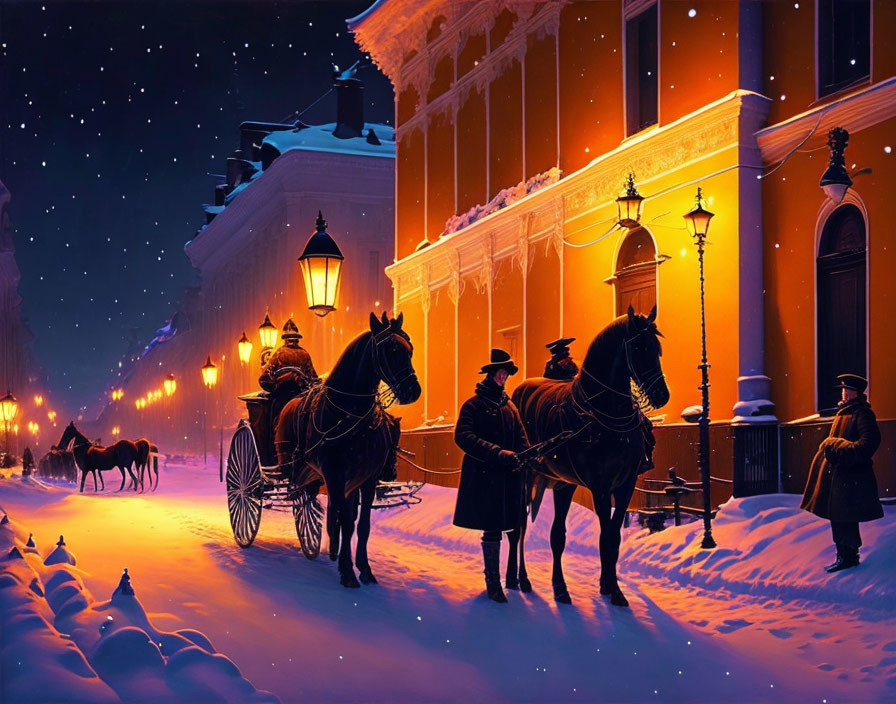 Winter Horse-Drawn Carriages in Lantern-Lit Streets