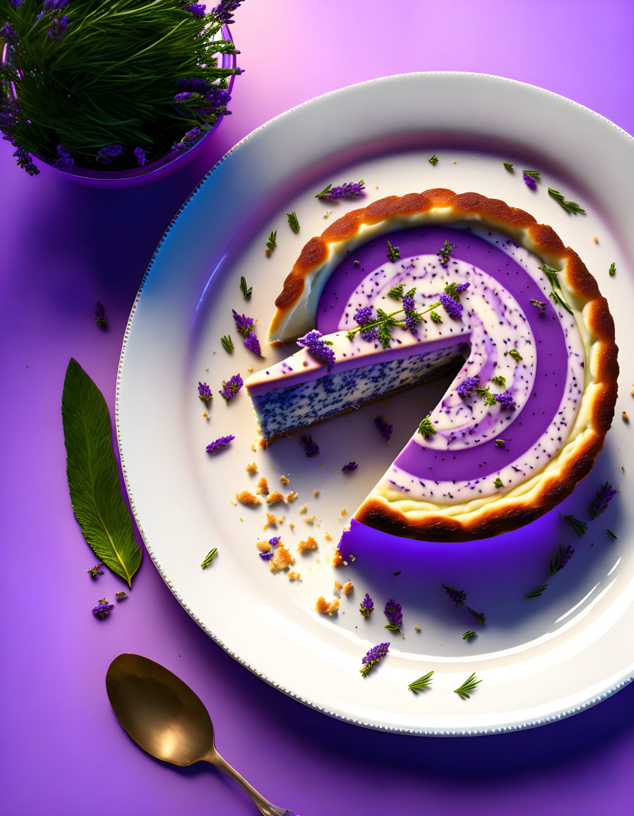 Blueberry Cheesecake Slice with Lavender Garnish on White Plate with Gold Trim