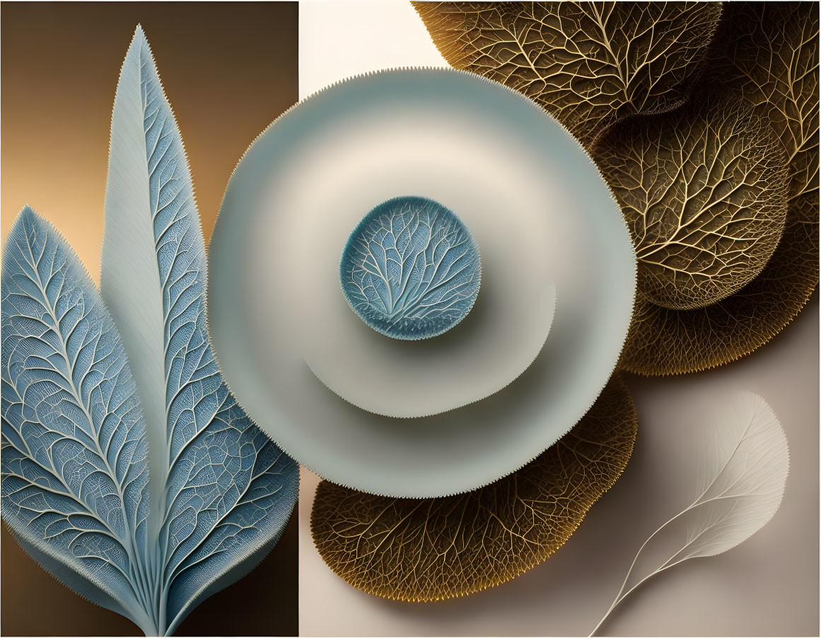 Layered Texture Abstract Art: Blue Circular Motif with Golden Leaf Patterns