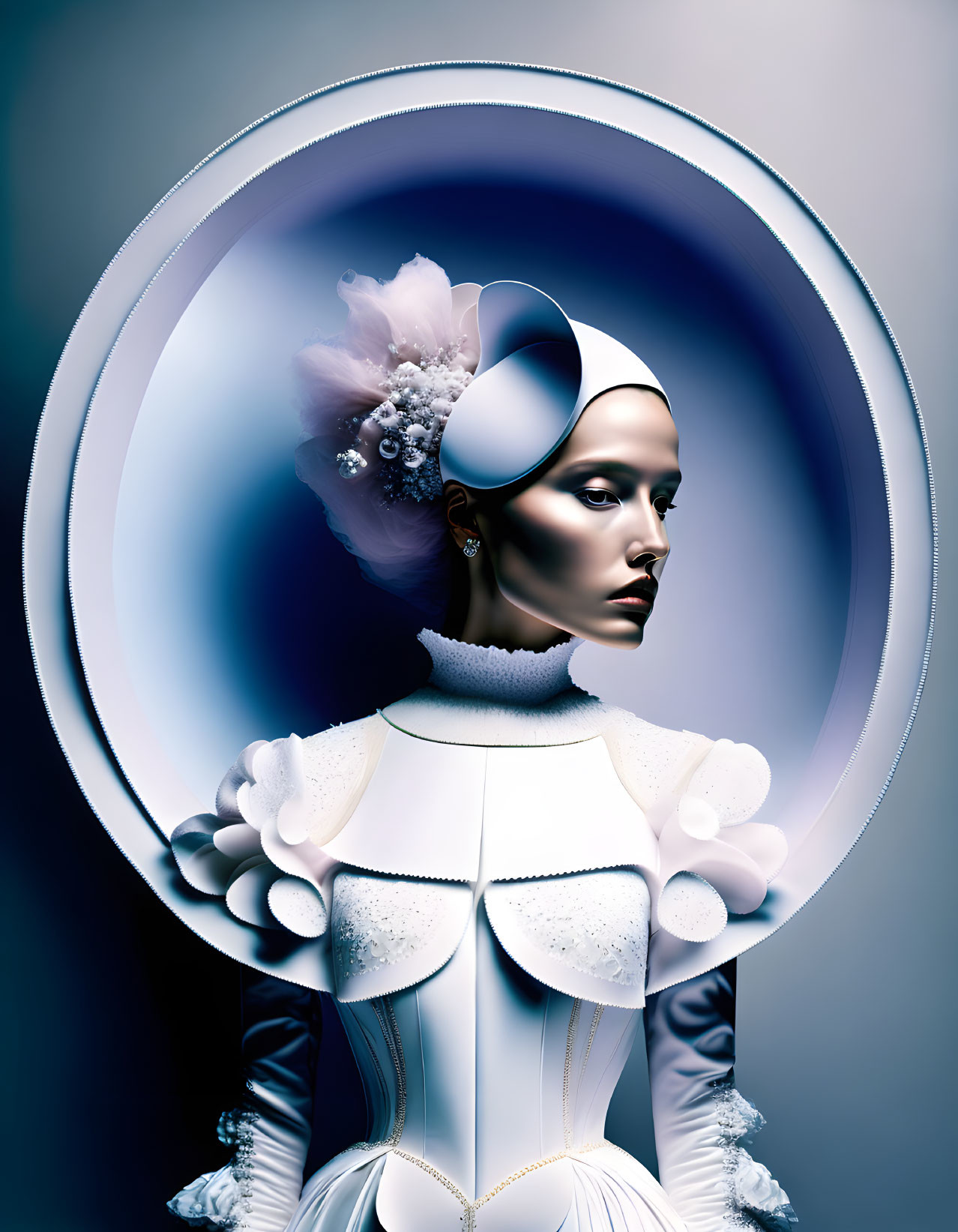 Elaborate white costume with exaggerated shoulders and circular headpiece on futuristic woman