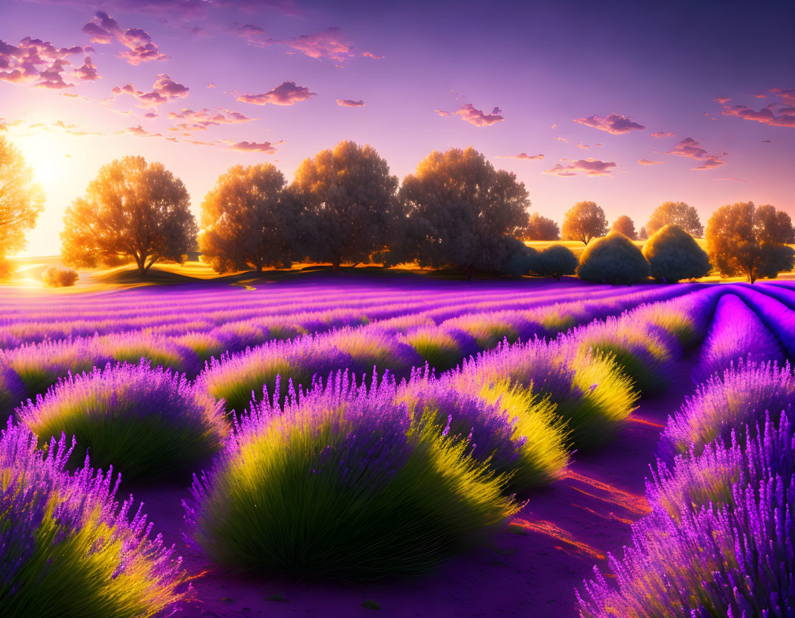 Colorful sunset over lavender field with lush trees and sunbeams