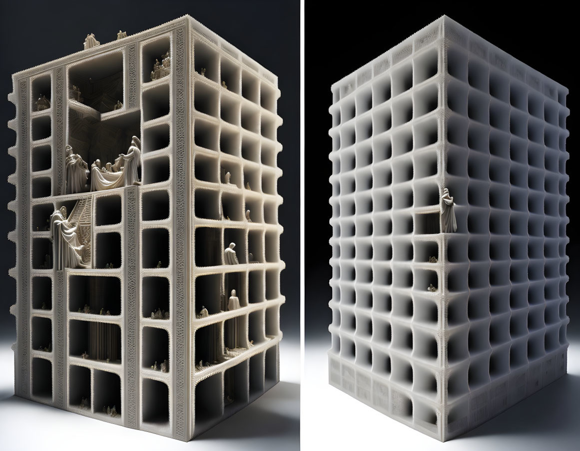 Detailed 3D-printed high-rise architectural model on dark background