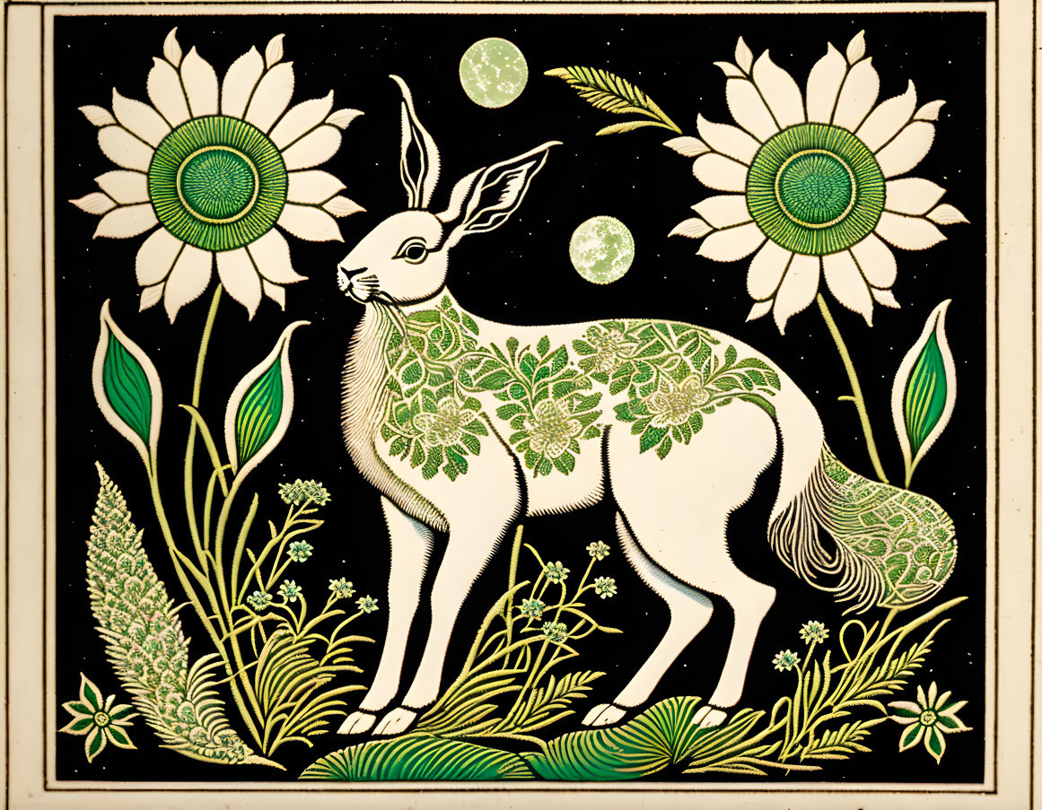 Stylized rabbit with floral patterns in sunflower and celestial setting