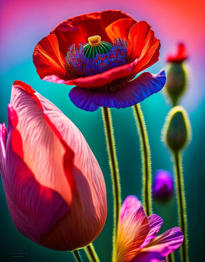 Close-up of vibrant red and purple poppies in sharp focus.