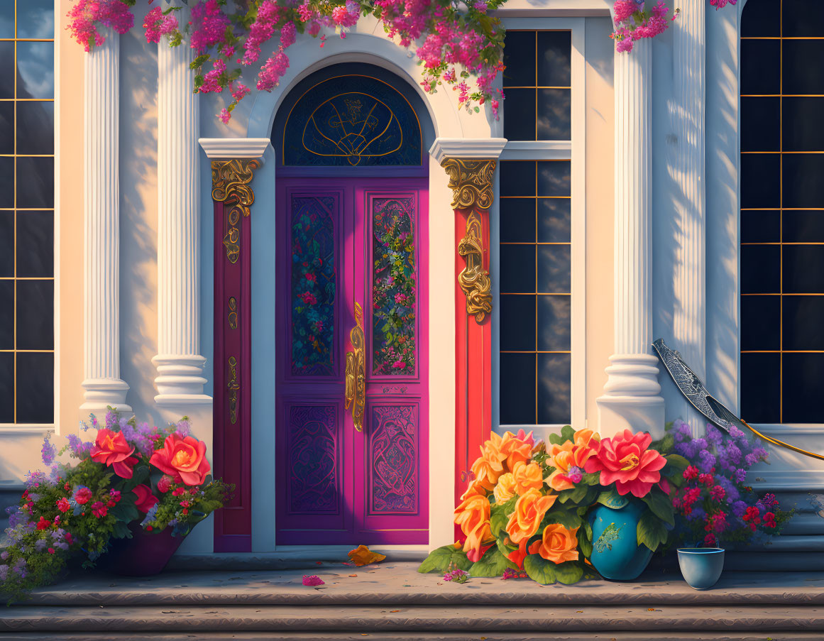 Intricate Purple Door with Gold Details and Floral Decorations