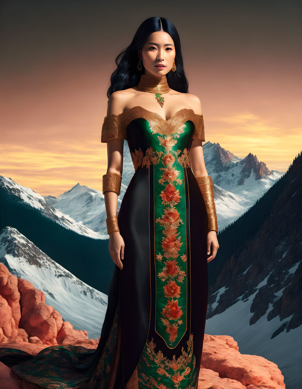 Traditional ornate dress woman against mountainous sunset.