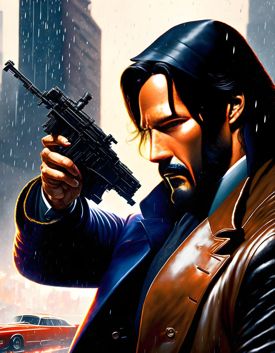 Illustration of man with beard and gun in black suit, standing in rain with cars.