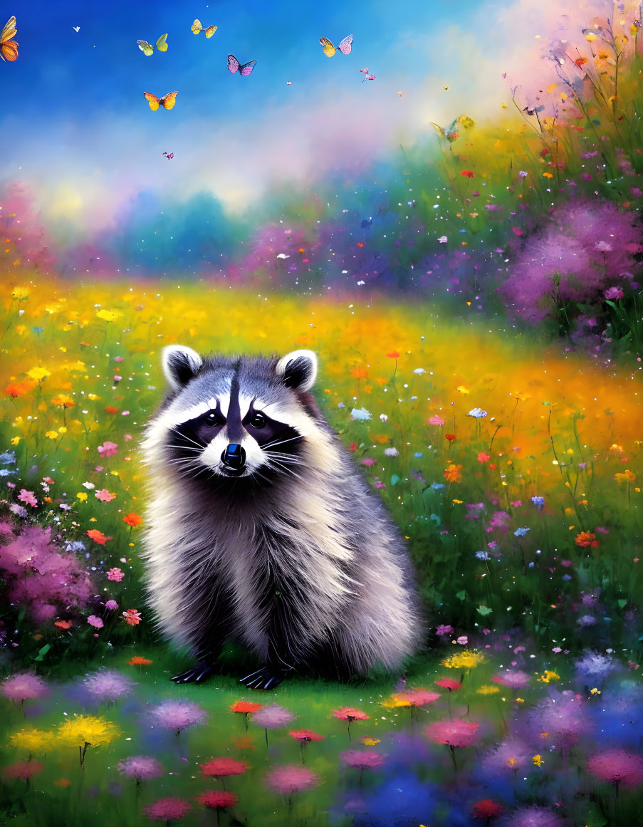 Colorful Field of Flowers with Raccoon and Butterflies