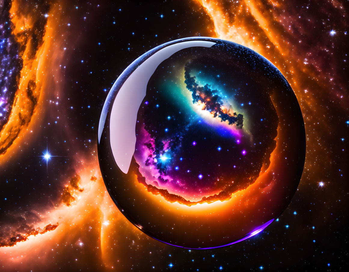 Vibrant cosmic scene with spherical entity and fiery space clouds