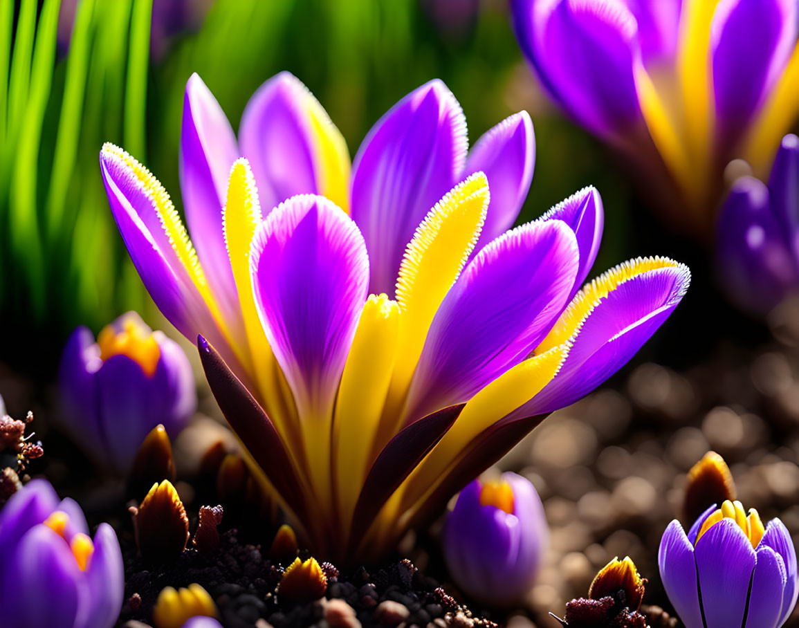 Bright Purple and Yellow Crocus Flowers Blooming in Sunlight