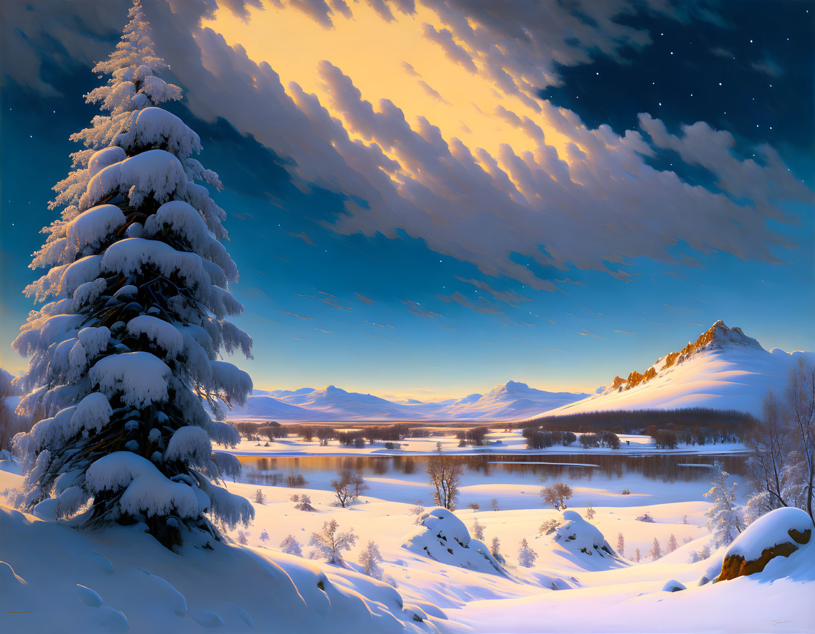 Snow-covered landscape at dusk with evergreen tree, clouds, and tranquil lake