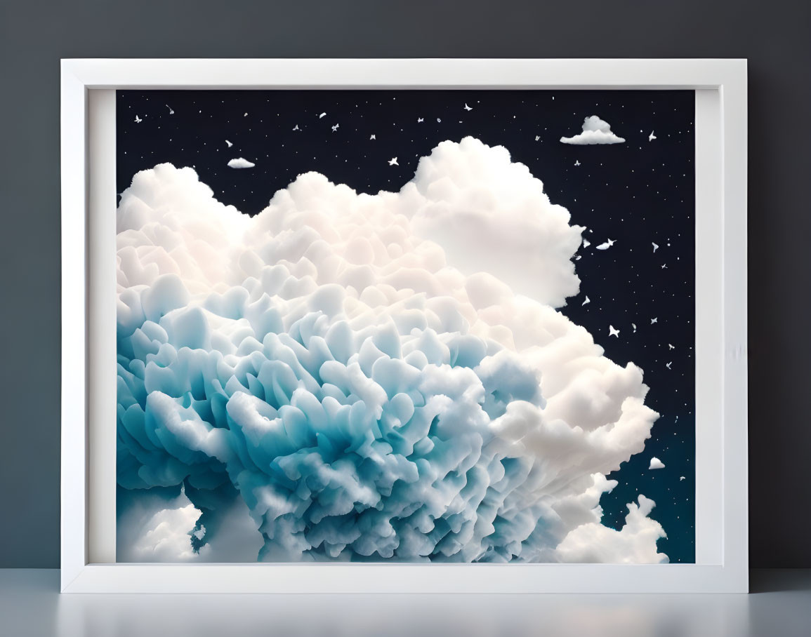 Framed 3D cloud art against starry night sky background