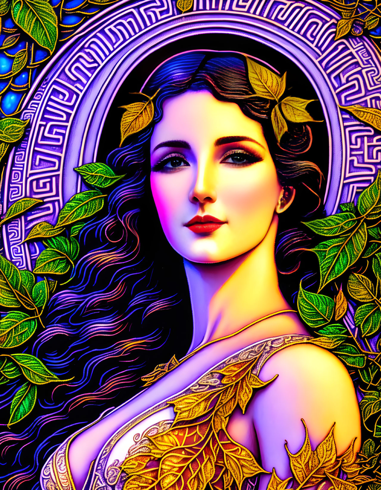 Colorful Art Nouveau Woman Illustration with Intricate Patterns