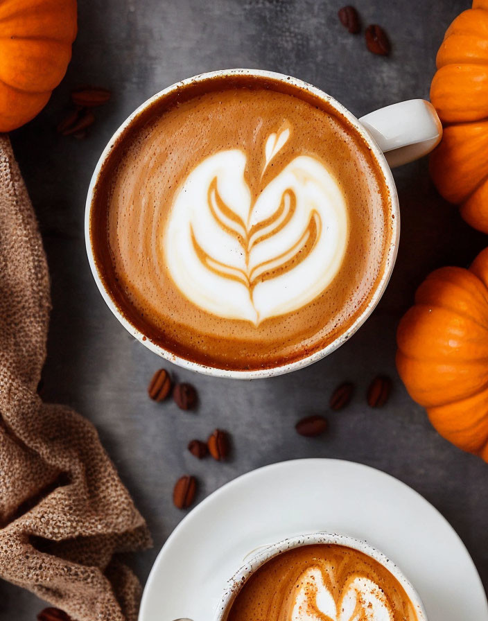 Artistic Milk Foam Designs on Coffee Cups with Coffee Beans and Pumpkins on Gray Surface