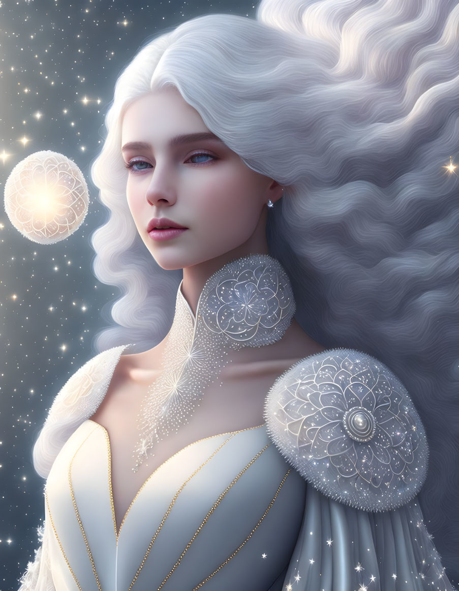 Ethereal woman with silver hair and celestial motifs in serene starry scene