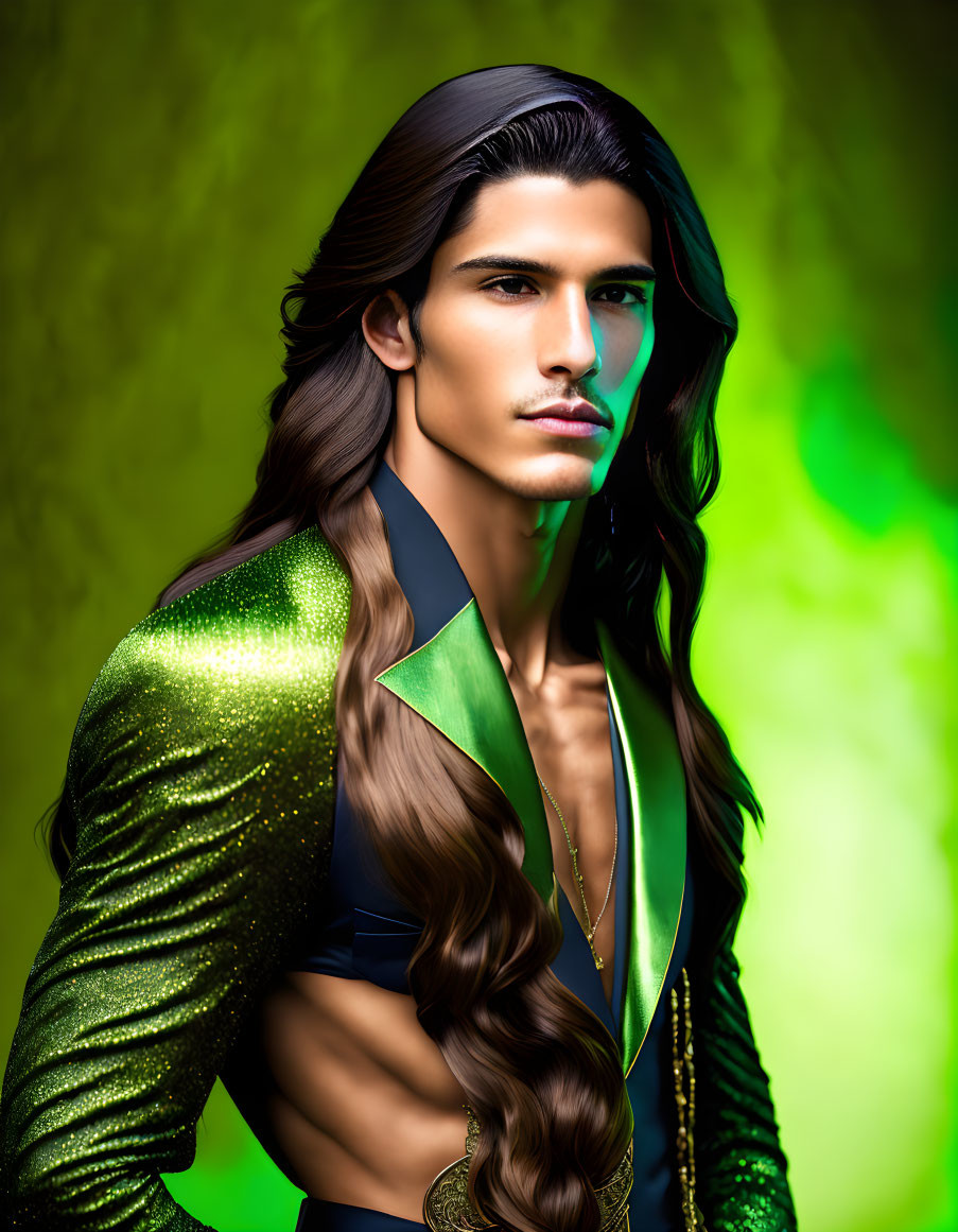 Man with long brown hair in shiny green suit against green and yellow backdrop