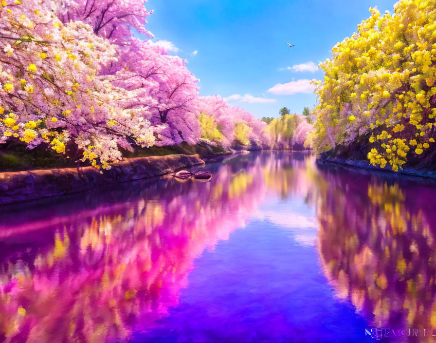 Colorful Landscape with River, Blossoming Trees, and Flying Bird