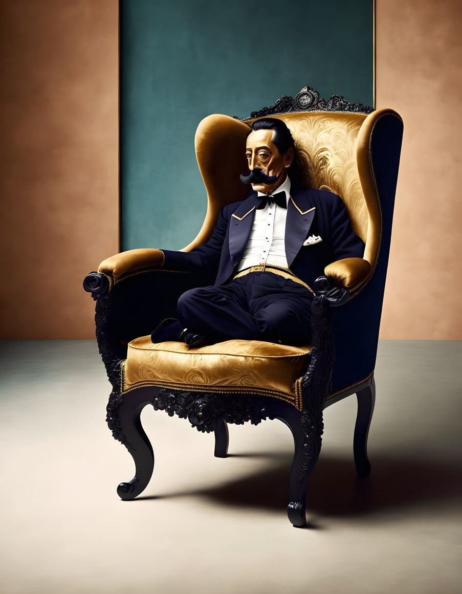 Person in Suit with Salvador Dalí Mask in Ornate Armchair on Blue and Beige Background