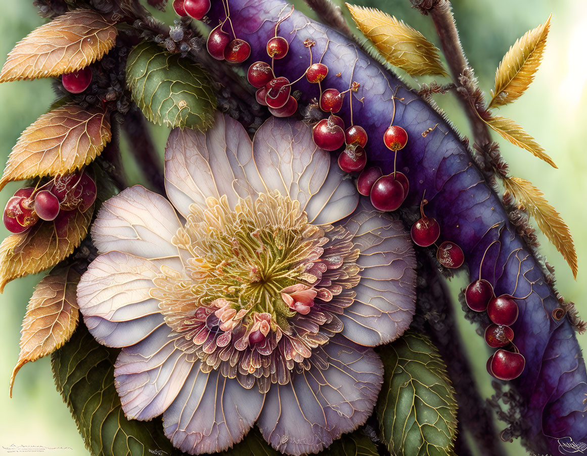 Detailed Image of Blossom with Layered Petals, Purple Pods, and Red Berries