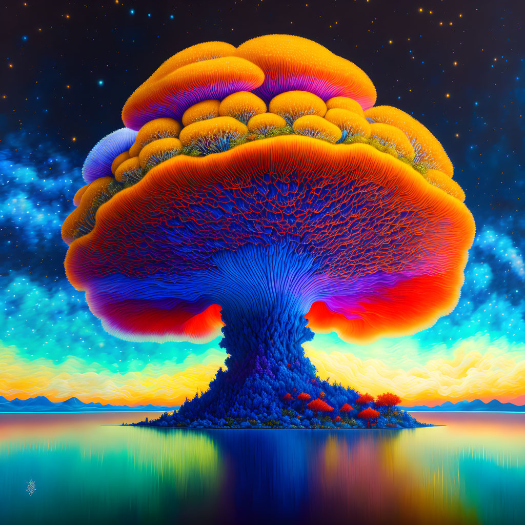 Surreal artwork of colossal mushroom-like tree by calm water