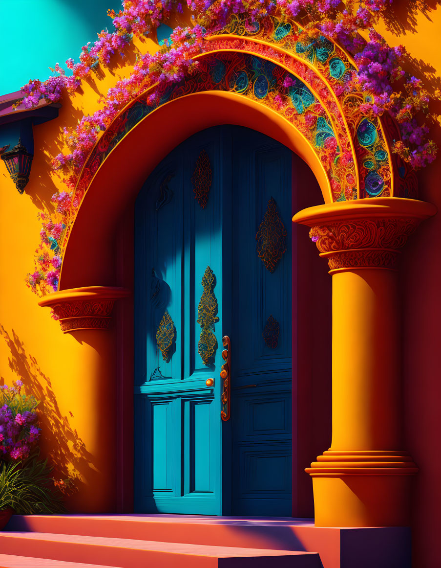 Colorful entryway with blue door, orange walls, and vibrant pink and purple flowers under clear sky