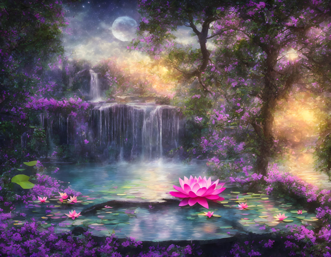 Enchanting forest scene with waterfall, blooming trees, starlit sky, serene pond, and