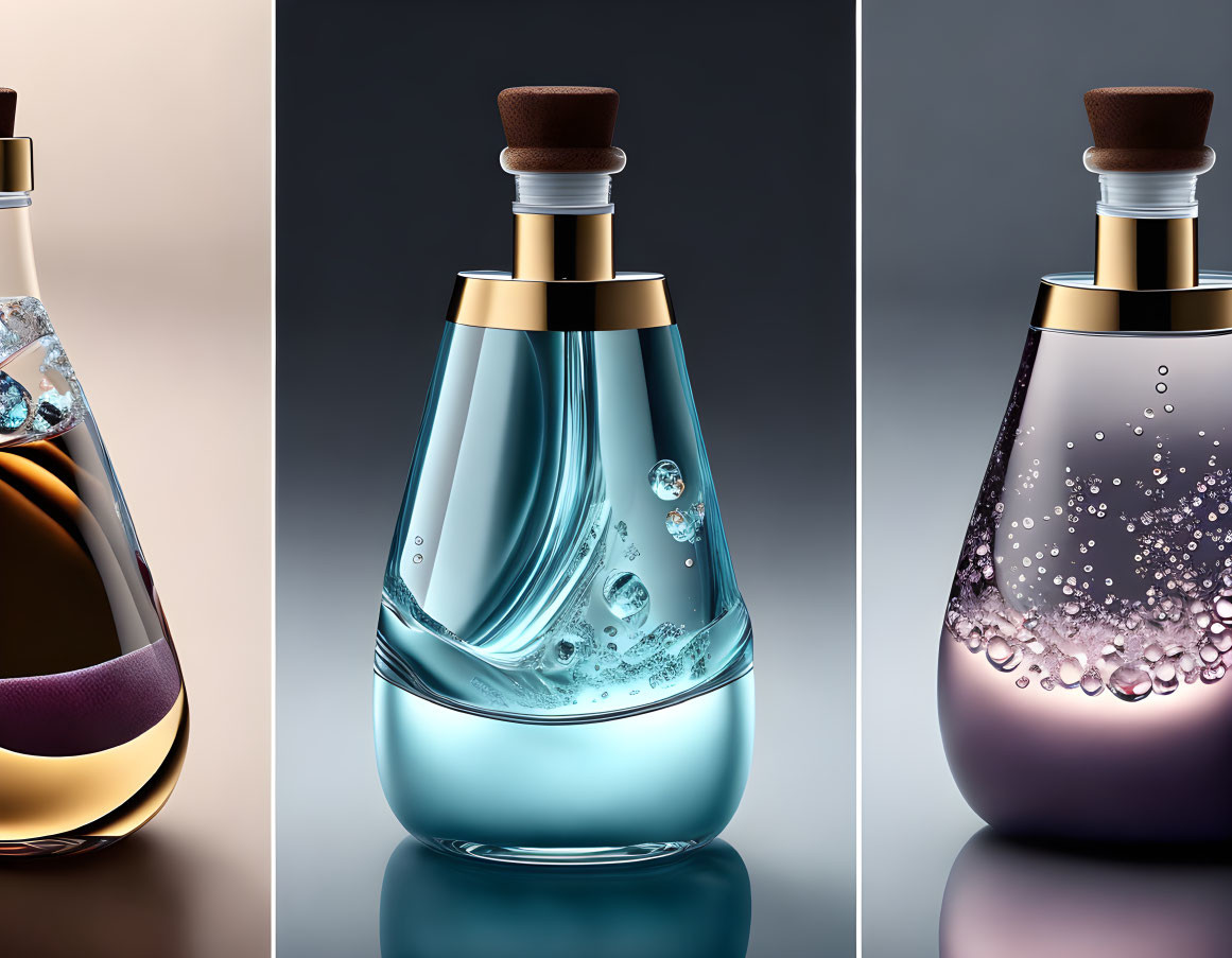 Three Elegant Perfume Bottles with Liquid Effect Design on Different Backgrounds