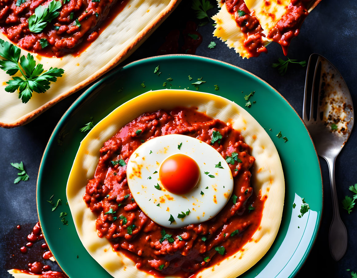 Plate of pasta with red sauce, egg, parsley, and bread slice