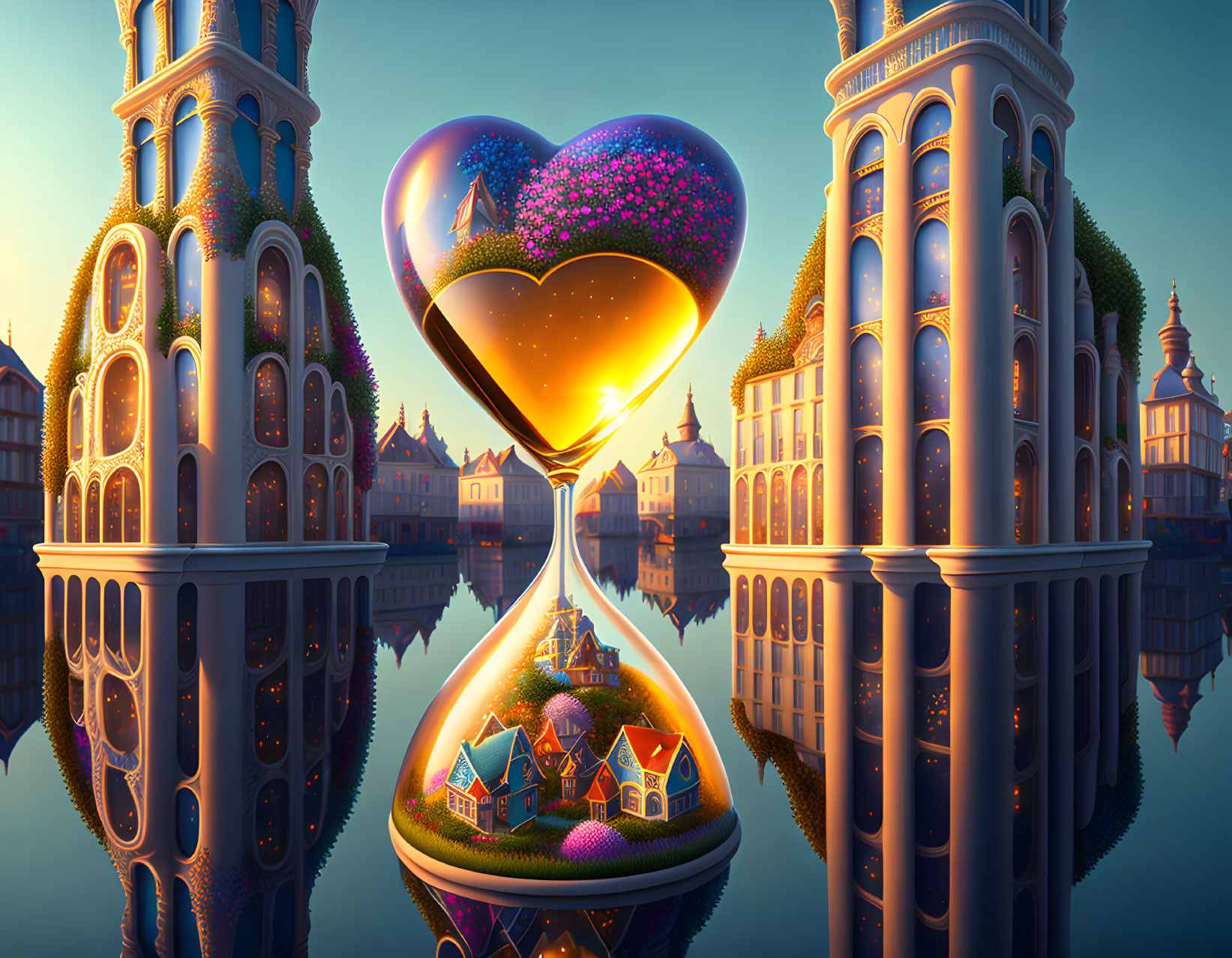 Heart-shaped hourglass with village in vibrant colors against twilight backdrop
