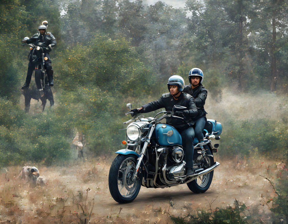 Vintage motorcycle with sidecar, dog, and statue in wooded area