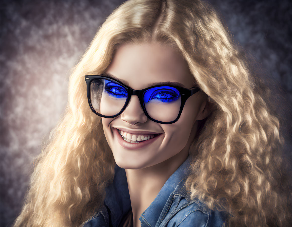 Curly Blonde Woman with Blue Eyes and Glasses on Textured Background