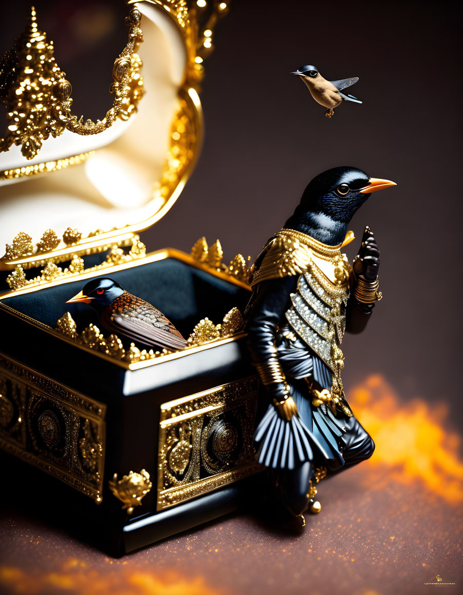 Bird-human hybrid in armor emerging from jewelry box with flying companion